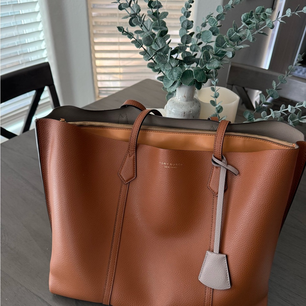 Tory Burch Brown Leather Tote with Gold Accent - Picture 2 of 12